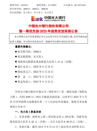 光大银行发布第一期优先股2025年股息发放实施公告 每股发放现金股息人民币4.45元（含税）
