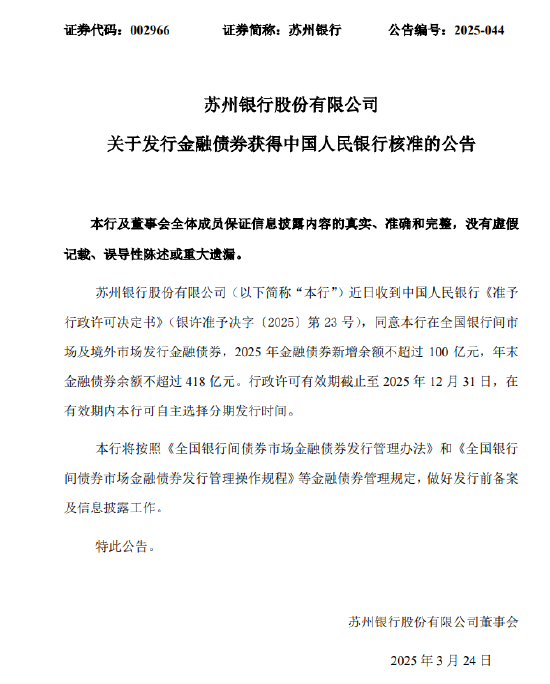 苏州银行：获批发行金融债券 2025年金融债券新增余额不超过100亿元  第1张