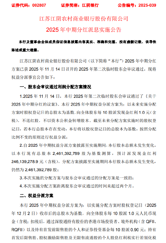 江阴银行公布2025年中期权益分派方案:每10股派发现金红利1元 第1张 江阴银行公布2025年中期权益分派方案:每10股派发现金红利1元 第1张