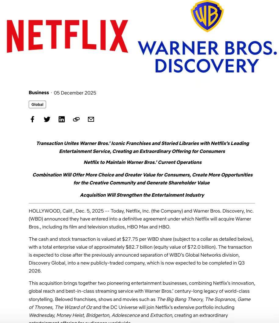 要花超5000亿元！奈飞豪买华纳影视资产，好莱坞打工人和院线老板集体掀桌  第2张