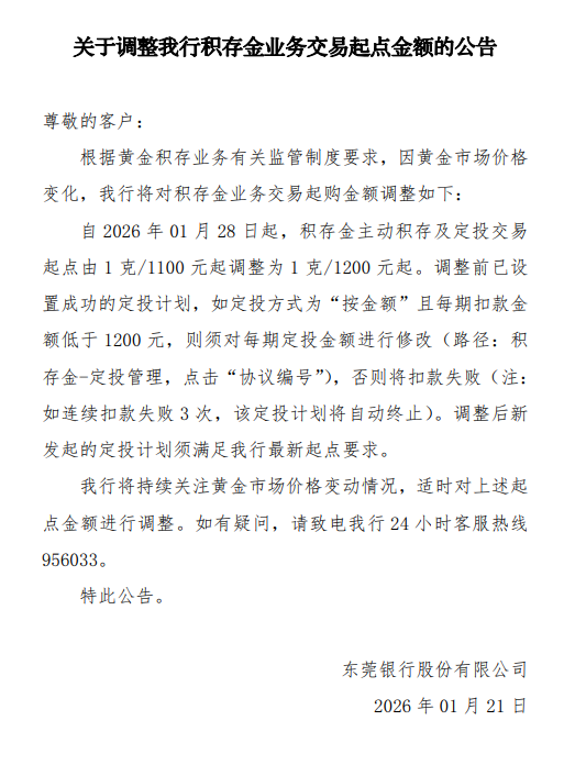 东莞银行:1月28日起,上调积存金起购金额至1200元/克 第1张 东莞银行:1月28日起,上调积存金起购金额至1200元/克 第1张